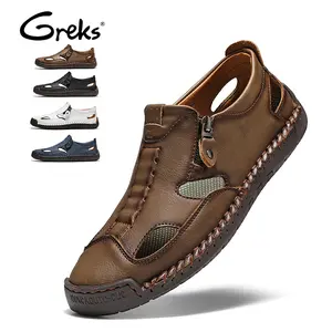 GREKS Men's Summer Outdoor Sandals Full Coverage Side Zipper Hand Stitched Lightweight Breathable Shoes