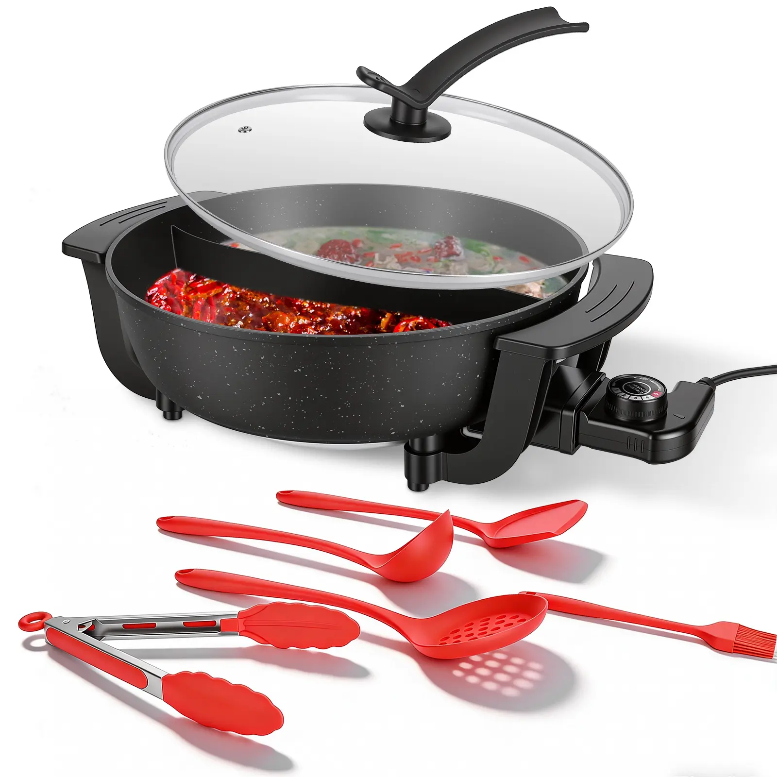 6L Electric Hot Pot with Divider 1100W Dual-Flavor Pot Shabu Shabu Pot Non-Stick with 5-Temp Control for Shabu Shabu Fondue Perfect for Family Gatheri Steamboat Pot Multifunctional Hot Pot Hot Pot Cooker