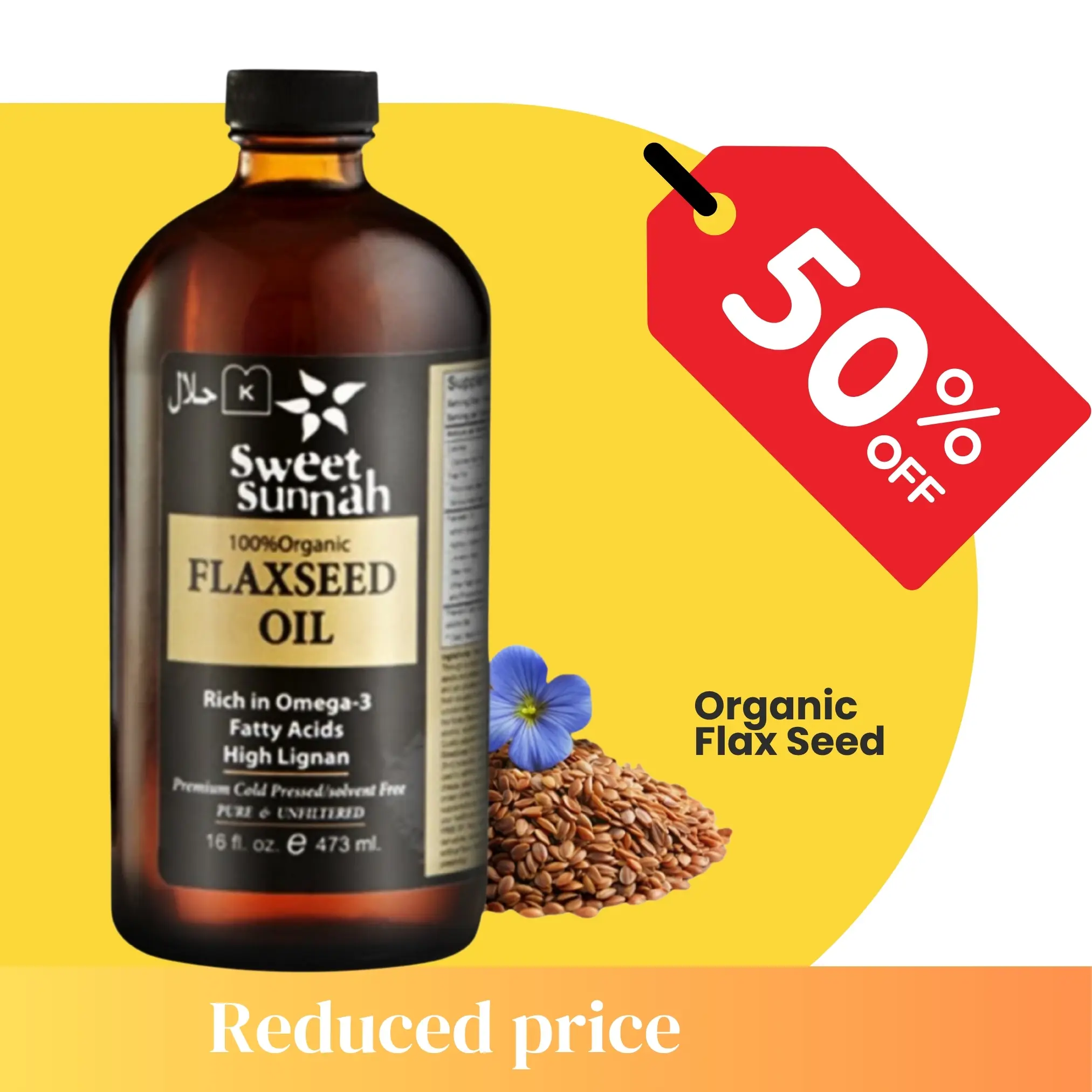 Sweet Sunnah Organic Cold Pressed Flax Seed Oil 16 oz Glass Bottle Rich in Oleic Acid Omega 9 Fatty Acid Premium Quality