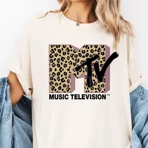 MTV Classic Leopard Vintage TV Signal Logo T-Shirt, Retro 80s & 90s MTV Family Matching Tee, Birthday Girl Television Signal Logo T-Shirt