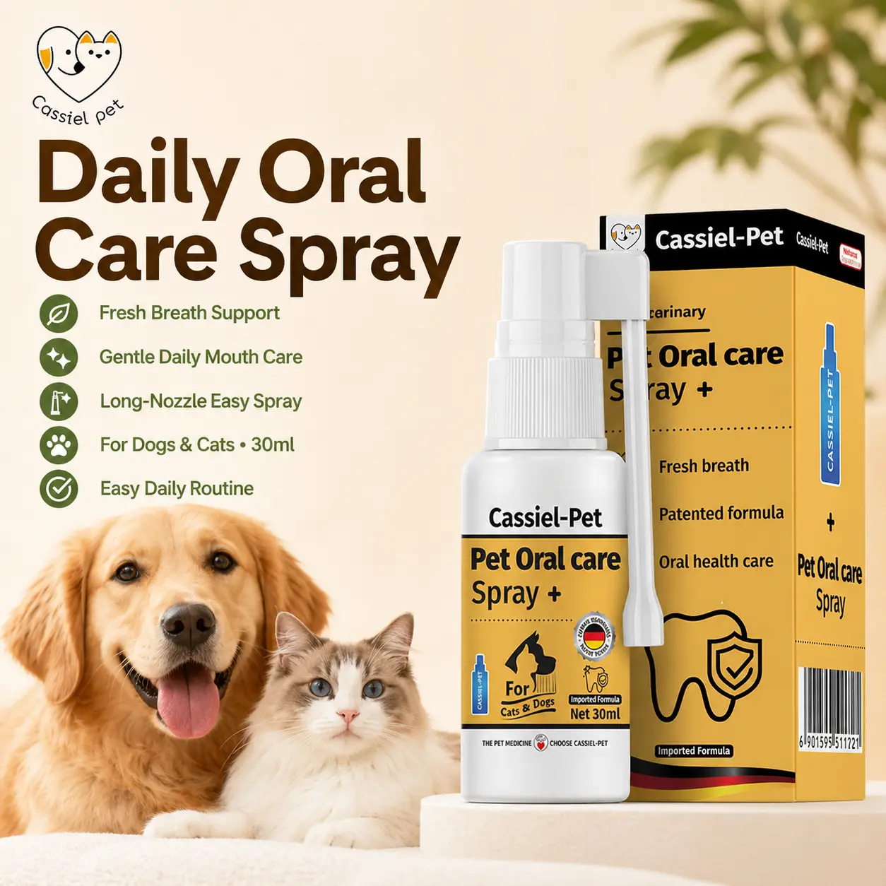 Cassiel Pet Oral Care Spray, Gentle Pet Mouth Care, Helps Freshen Breath, Daily Dental Hygiene Support for Cats & Dogs, 30ml