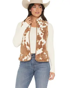Shyanne Women's Jean Cow Print Sherpa Zip-Up Vest - Srho25v1-Cof