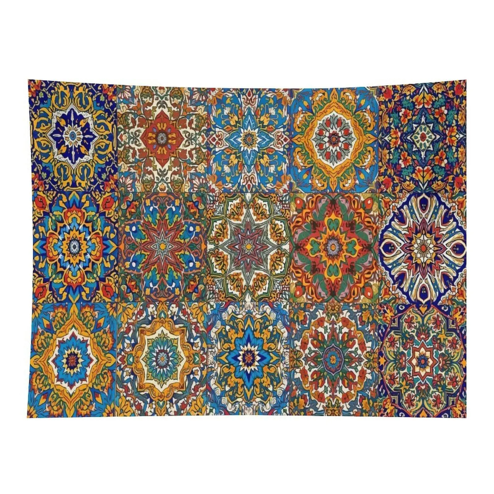Vibrant Blue Yellow Persian Mosaic Mandala Floral Tile Wall Tapestry Wall Hanging, Antique Oriental Ornate Flower Ceramic Texture Decor for Maximalist Boho Living Room Bedroom Dorm Backdrop