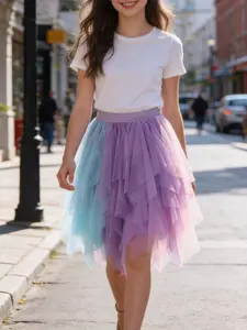 Girls' Cute Versatile Half Skirt, Trendy Irregular Layered Mesh Princess Dress, Child Fashionable Net Skirt, Stylish Kids Clothing, Tutu Skirt, Tulle Skirt, Ruffle Skirt