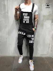 Men's Blue Denim Jumpsuit, Fashion Print Bib Pants, Loose Fit Casual Jeans, Low Waist Slimming, All Seasons Wear, Button Fly Closure, Overalls