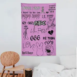 Pastel Goth Lil Peep Tattoos Tapestry, Bright Pink Aesthetic Wall Art, E-Girl Room Decor, Hellboy CryBaby Pattern Blanket, Trendy Dorm Room Essential, Rap Fan Gift