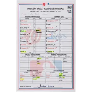 Washington Nationals Game-Used Lineup Card vs. Tampa Bay Rays on August 30, 2025 - Fanatics Authentic Certified