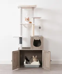 HOOBRO Cat Tree with Litter Box Enclosure, All-in-One Indoor Cat Tower with Hidden Litter Box Cover Furniture for Indoor Cats, Versatile Cat Condo with Sisal Posts, Hammock, Greige and Gray #SummerVibes #petlovers