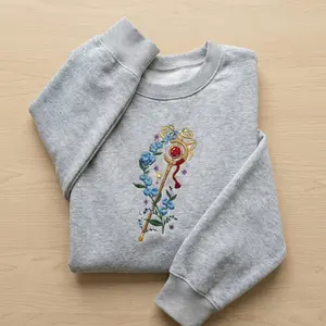 Embroidered Frieren Sweatshirt, Blue Flowers Embroidered Sweatshirt, Bookish Lovers Gift, Embroidered Wand Crewneck, Sword Stick Shirt