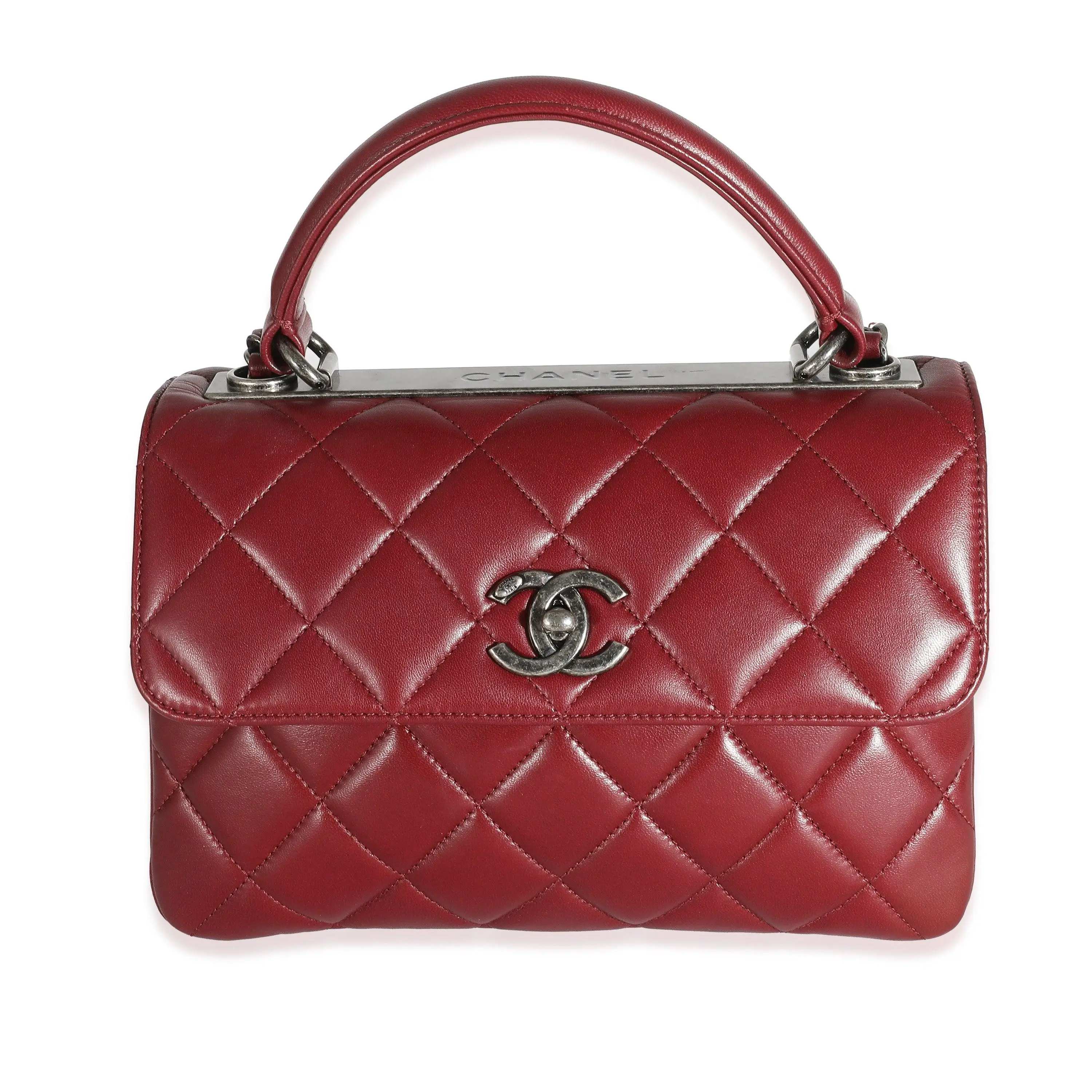 Pre-owned CHANEL Leather Shoulder Bag;Top Handle Burgundy Quilted Lambskin Small Trendy Flap Bag