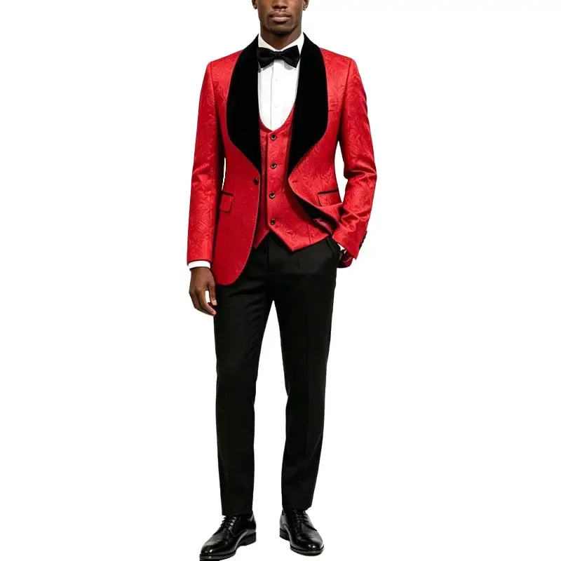 Men's 3-Piece Fitted Jacquard Formal Suit Set - Padded Shawl-Collar V-Neck 1-Button Long-Sleeve Tuxedo Blazer, Vest & Trousers, Soft Silky Textured Woven Fabric, Ideal for Weddings, Parties
