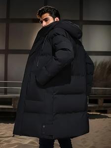 Men's Thick Winter Warm Coat Plus Size Cold Weather Jacket with Hood Long Sleeve Front Button Design Suitable for Extreme Cold Daily & Formal Occasions Durable Winter Clothing Winter Jackets Cold Weather Coats Hooded Casual Coats Black  Loose Cotton