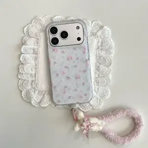 Korean Style Floral Cute Bunny iPhone 13 14 15 16 17 Pro Max Phone Case for Girls with Pink Quilted Strap and Bow Charm