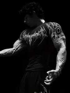 Thorn Print Workout T-Shirt, European Dark Trend Style, High Elasticity Quick-Dry Breathable Fabric, Slim Fit for Gym Training