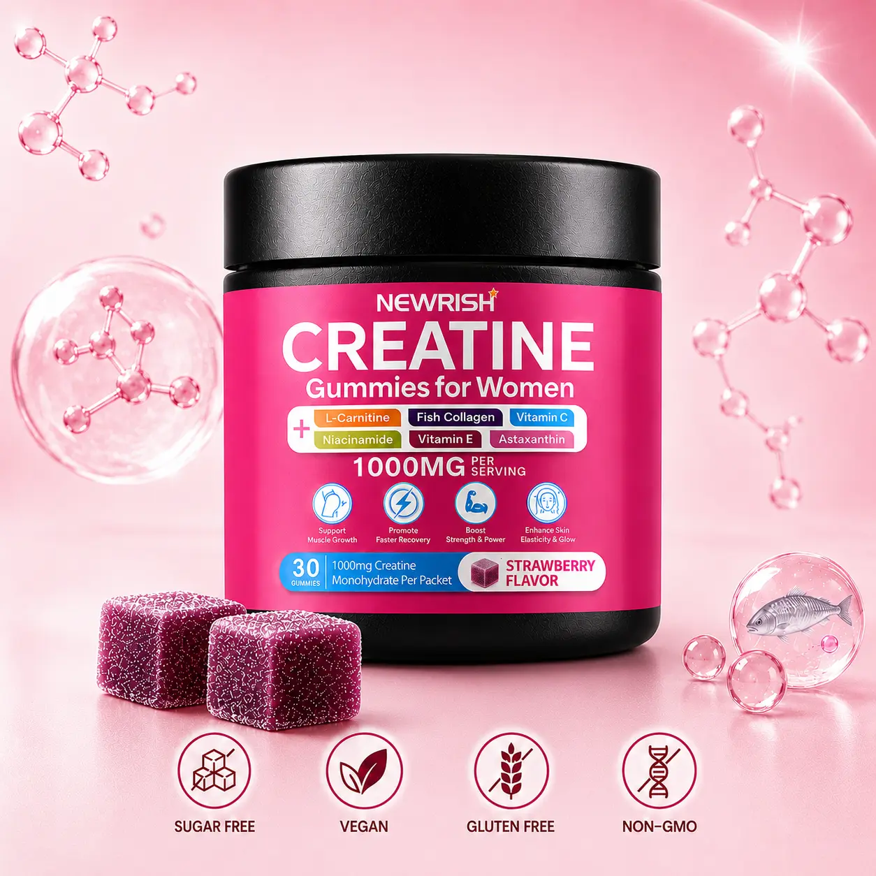 Newrish Creatine for Women – 1,000mg Creatine Monohydrate + 100mg Collagen – Astaxanthin, Niacinamide, and Vitamins C & E – Strawberry Flavor – Comprehensive Women's Health Supplement – ​​30 Capsules
