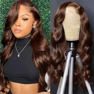 Bling Hair 13x6 4# Body Wave Lace Front Wig Transparent Lace Frontal Wig Chocolate Brown Colored Real Hair Wigs For Women