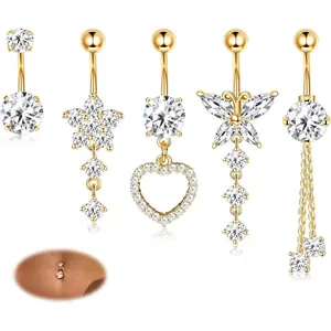 YADCOA 5pcs Belly Button Bars Surgical Steel Belly Bars CZ Dangly Belly Button Piercing 14G Belly Ring Dangly Navel Bars Piercing Belly Barbell Heart Butterfly Belly Piercing Jewellery Gold Sliver