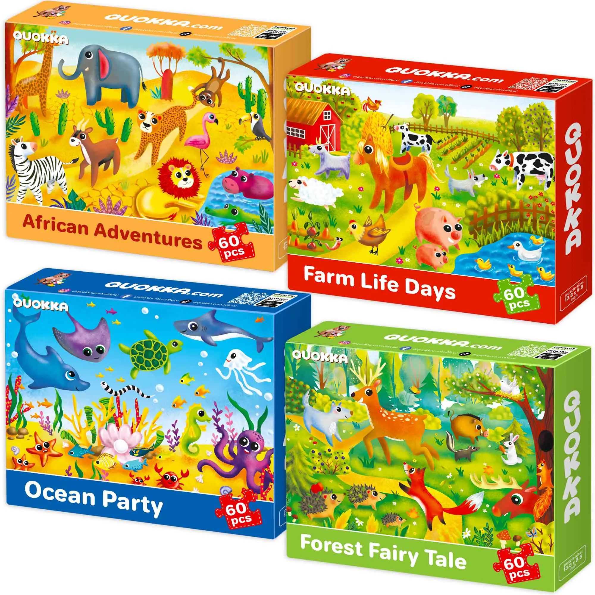 QUOKKA Kids' 4-Set Creative Cardboard Puzzle - 60-Piece Mentally Stimulating Jigsaw for Ages 4-8, Encourages Patience, Logical Thinking & Persistence, Farm/Ocean/Safari Themed Bright Scenes