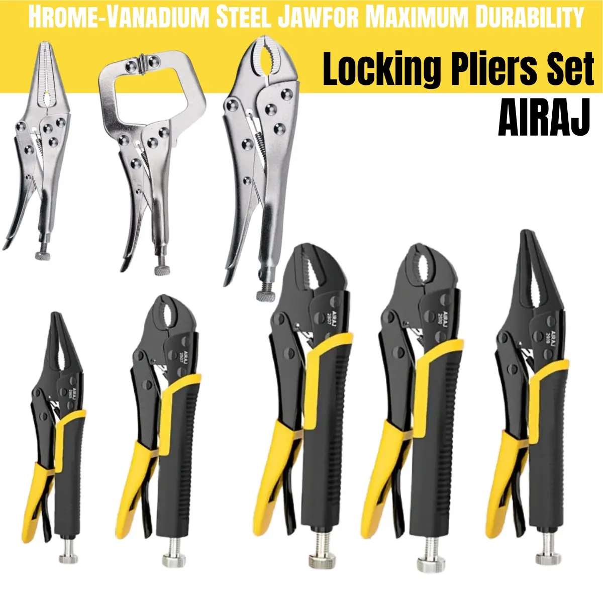 ARIAJ 3Pcs / 5Pcs Locking Plier, 6-9 Inch Locking Tool Kit with Rubber Handle, Woodworking Hand Clamp Manual Tool, Pretty Boy Wrench Long Nose Stainless Steel Curved Jaw Locking Pliers Set