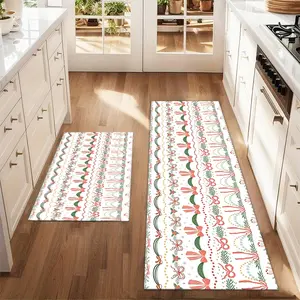 2pcs Christmas and New Year printed kitchen rug Christmas bows and ribbon pattern. Cute Floor Mat Set Farmhouse Kitchen Rug Dining Room Flooring Laundry Room Decor Carpet Mat Home Decor Rugs