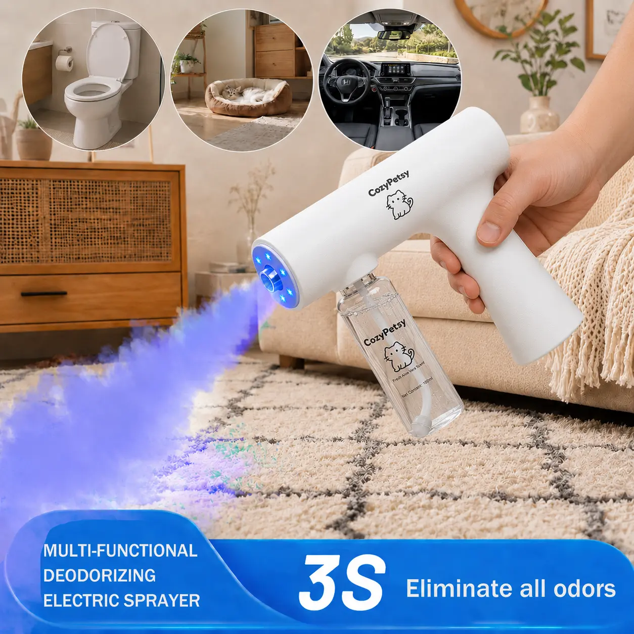 Blue Light Anti-Mite Probiotic Odor Eliminator Spray Gun Kit with 4 Refills, Bio-Enzyme Pet-Friendly Cleaner, Breaks Down Pet Urine, Safe if Licked, Deodorizes Smoke & Toilet Odors