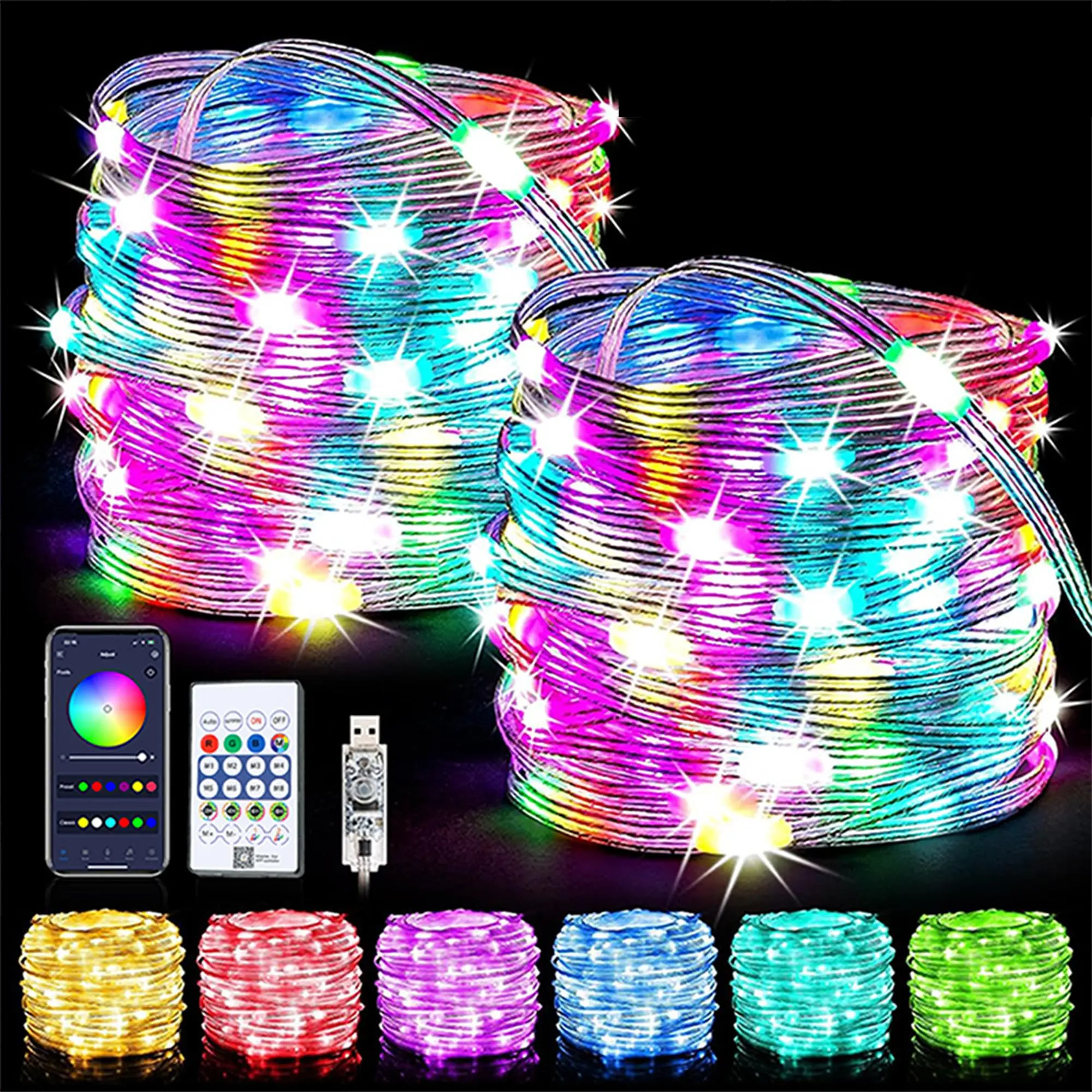 RGB Smart Flashing String Lights, Bluetooth-compatible Control, Music Sync, Waterproof Color Change, RGB Light Effect, LED Fairy Lights for Halloween, Christmas, Party Decor, Led Atmosphere Lights, Dynamic Led Lights, LED RGB Lighting