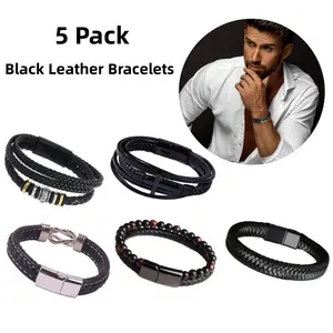 5 Pack Black Leather Bracelets for Men Women, Leather and Steel Braided Cuff Bracelets, Chain Bracelets with Clasp,Steel Bracelets for Men, Car Interior Accessories Casual Trendy Jewelry