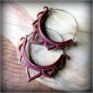 Carved wood lotus hoop earrings ~ tribal fusion ~ fit through gauges, tunnels and eyelets ~ earthy festival style, like fake gauges