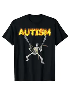Flame Letter Skeleton Autism T-Shirt, Print, Long, Fitted, Unique Personal Design, Express Yourself, Trendy Youth Casual Style