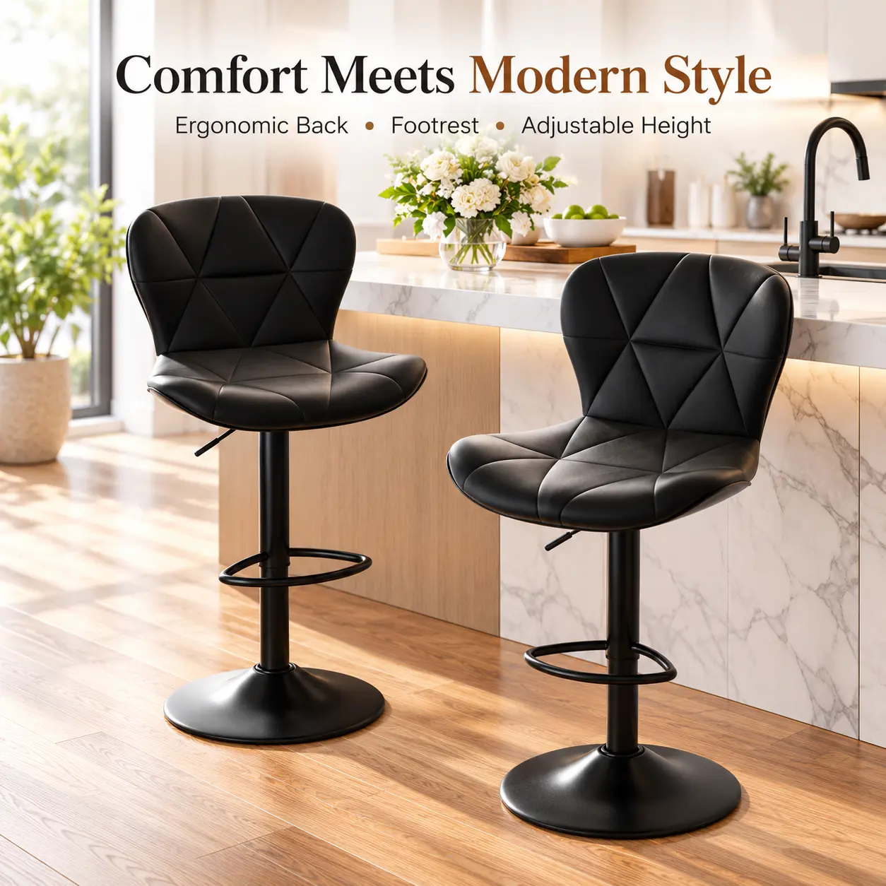 Modern Adjustable Faux Leather Bar Stools with Back Set of 2 Counter Height Chairs for Kitchen Island Dining Room