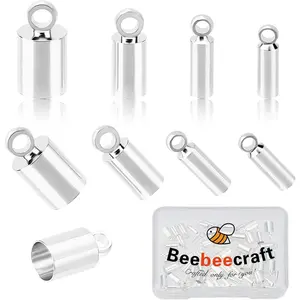 Beebeecraft 80Pcs 4 Size 925 Sterling Silver Plated Crimp End Caps Smooth Glue-in Leather Cord Barrel End Tip with Loop Ring for Leather Cord Bracelets Jewelry Making(Fit for 1.5/2/3/4.5mm)