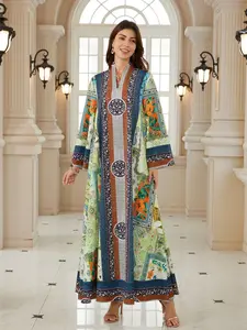 Fashion Middle East Plus Size Printed New Elegant Chic Embroidered Jalabiya Ethnic Pullover Dress, Stylish Women's Clothing