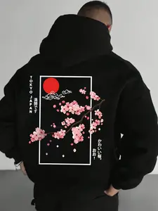 Men's Cotton Blend Hoodie, Casual Daily Wear, Tokyo/japanese Cherry Blossom Aesthetic, Drawstring Hood, Relaxed Fit, with Graphics