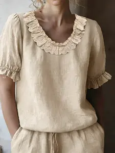 Elegant Summer Fashion Casual Peter Pan Collar Embroidered Round Neck Shirt, Stylish Women's Top for Spring & Summer, Trendy Clothing