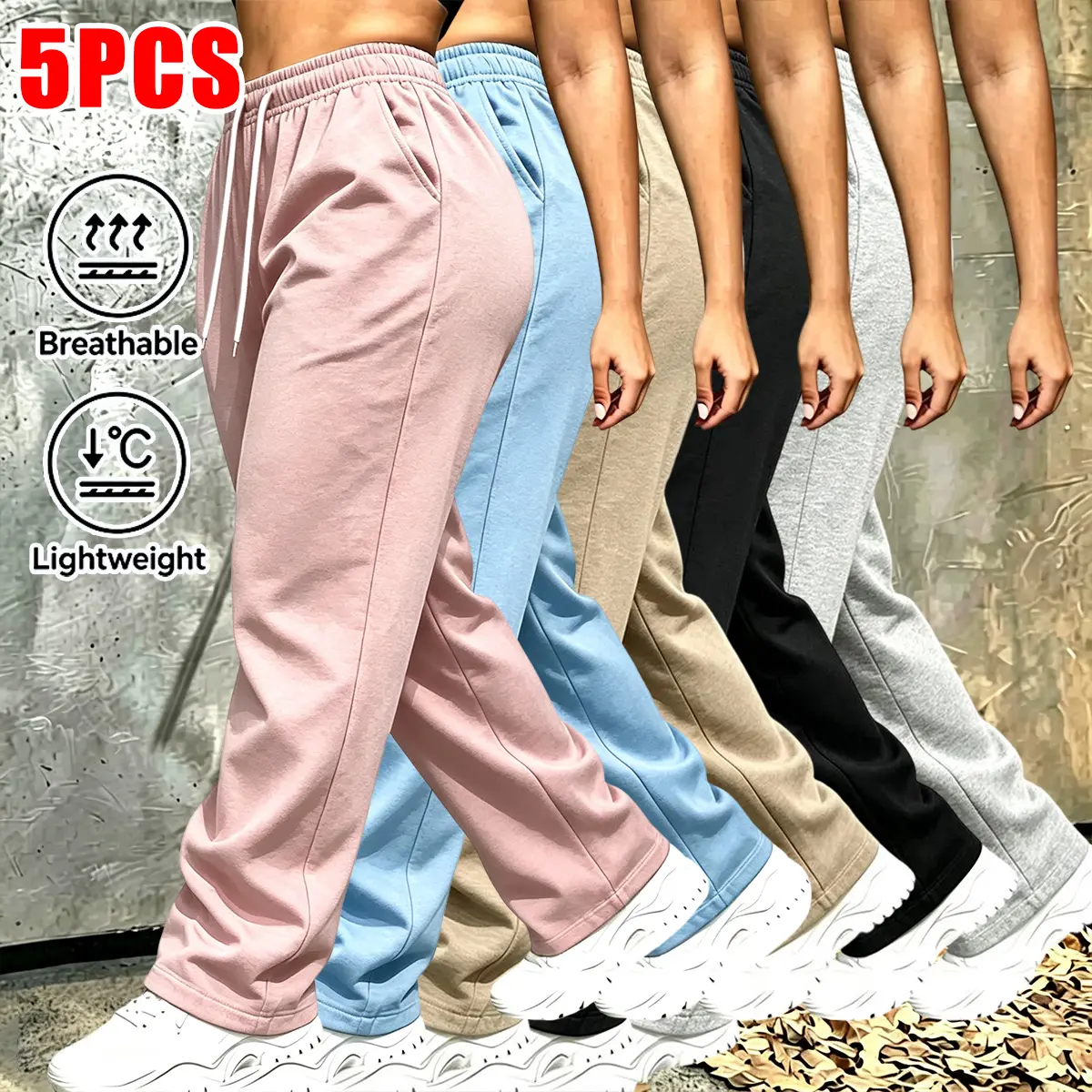 Women's Casual 5-Pack Summer Polyester Pants, Lightweight Breathable Clothes with Elastic Waistband & Adjustable Drawstring Tie, Suitable for Everyday Outings, Hiking