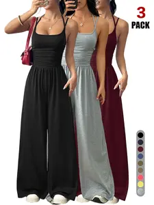 Women's Sleeveless Jumpsuit, Pleated Waist Wide-Leg Pants, One-Piece Sexy Backless Design, All Seasons Fitted Organic Textile