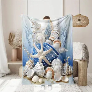 1 piece of ocean wind shell, starfish beach print flannel blanket is soft and comfortable. Suitable for sofa bed camping and other occasions