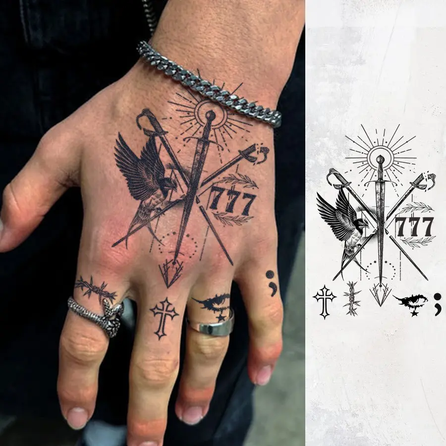 Waterproof Temporary Tattoo Kit, Lucky Number 777 Design, Sword & Swallow Peace Symbol, Long-Lasting Neck Hand Finger Tattoos