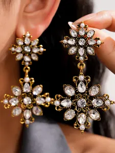 Vintage Silver Color Pearl Earrings, Rhinestone Embellished Floral Design, Elegant Jewelry Gift for Women, Perfect for Holidays & Anniversaries