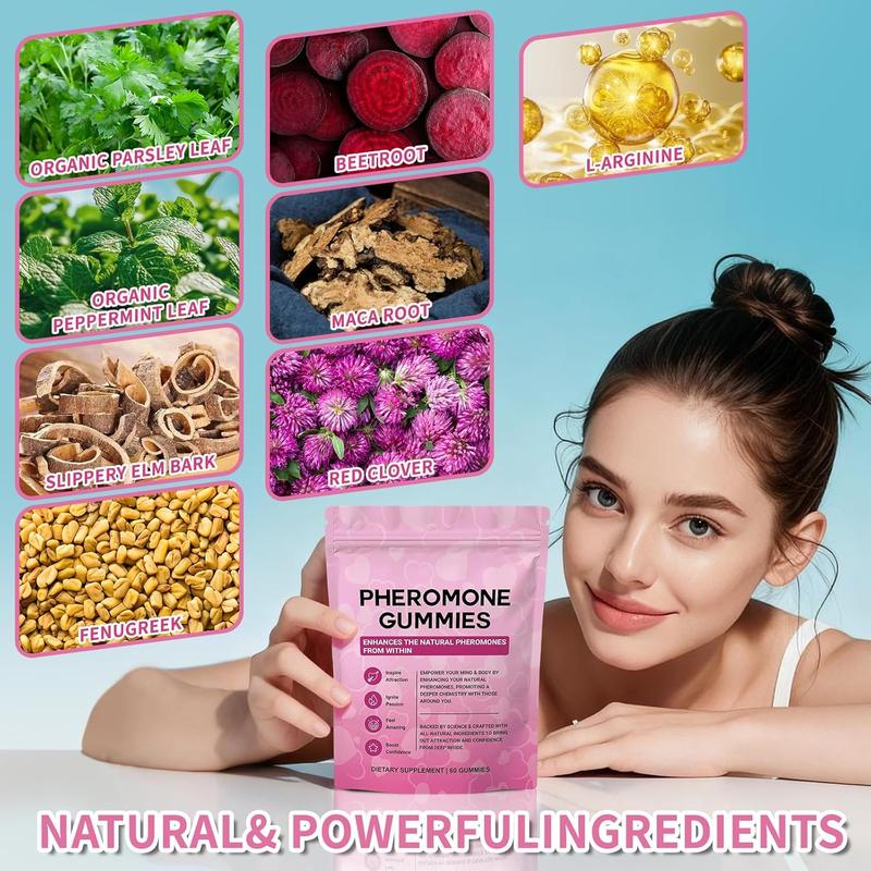 Pheromone Gummies with Slippery Elm, for Women,Enhance Charm,Supports Balance,Confidence & Social Vibe,Vegan,Non-GMO,Gluten-Free,Strawberry Flavor,Enhances Your Natural Pheromones From Within, 60 Count Mixed Berry Flavor