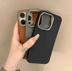 iPhone 16 Pro Max Phone Case, Premium Imitation Leather Drop-Proof Phone Case (with Metal Buttons and Microfiber Lining), Leather Texture Feel, Dirt-Resistant and Heightened Protection for Camera (Black Brown)