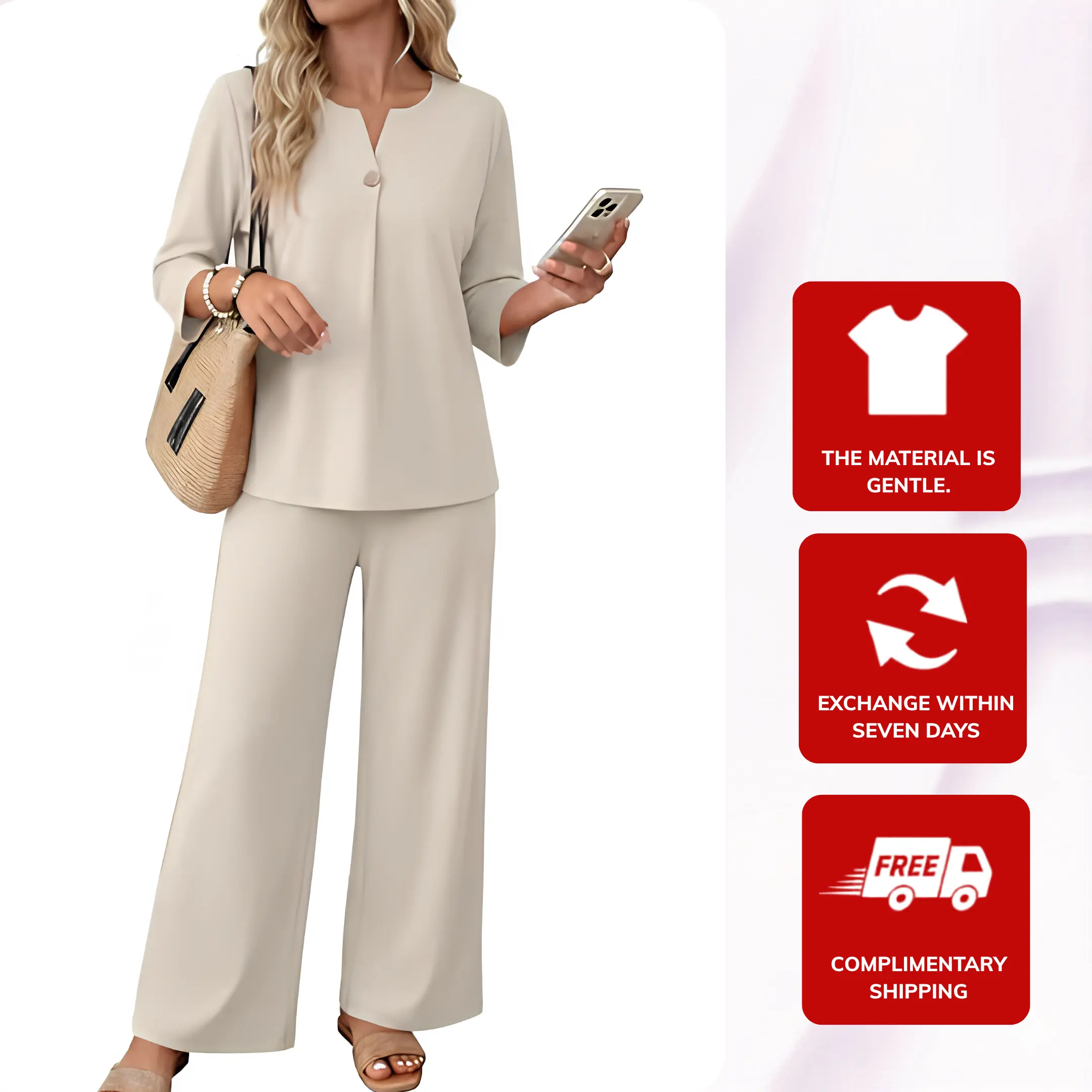 Women's Premium Elastic Ribbed Knit 2-Piece Pants & Top Lounge Set, Travel Outfit