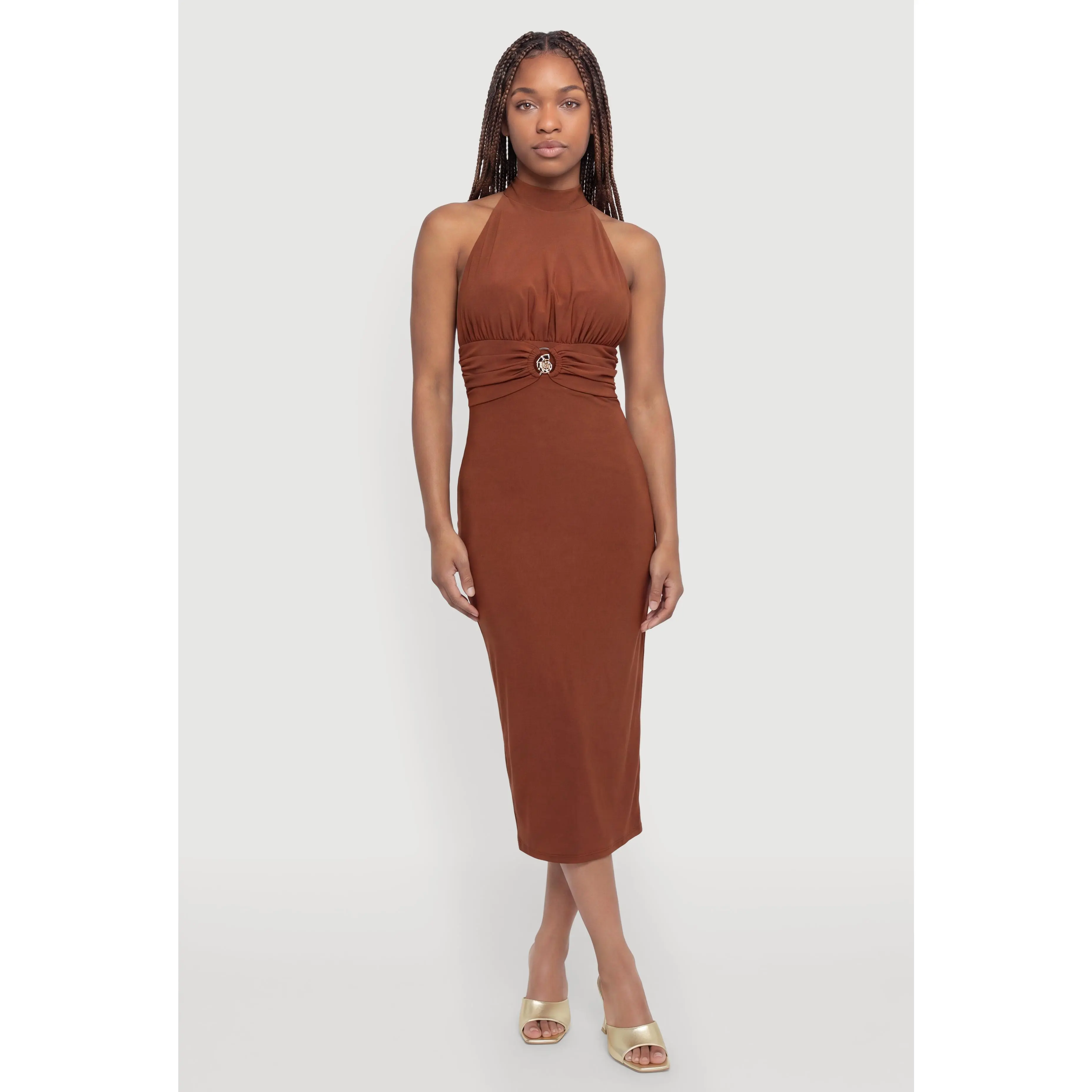 Metallic Seashell Detail Sleeveless Halter Neck Midi Dress