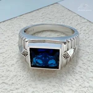 BEASON Jewelry Long Ladder Cut Blue Sapphire Ring for Men Simple Wear-Resistant Man's Band Everyday Commuter Versatile Light Luxury Classic Design