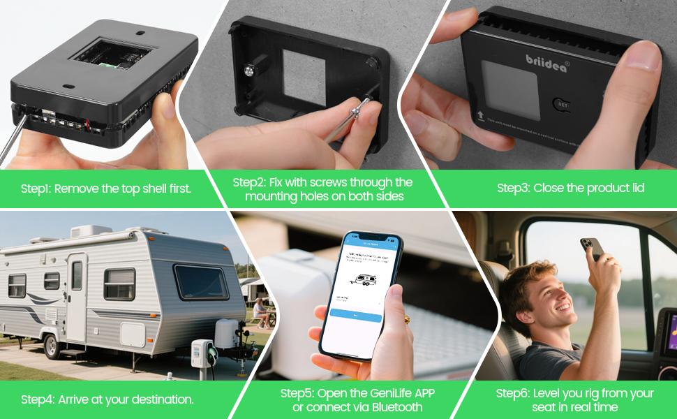 briidea Wireless RV Auto Leveling System, Smart Bluetooth App Control, 5 Custom Preset Modes, Dual Power Supply, Easy DIY Installation for Motorhomes, Trailers, Campers, and 5th Wheels