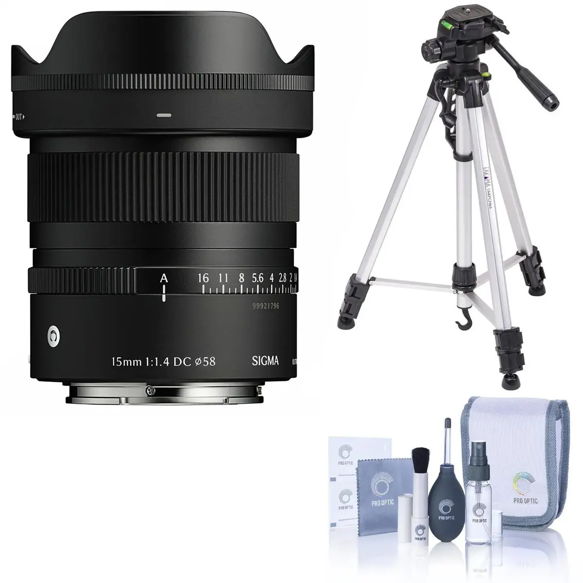 Sigma 15mm f/1.4 DC Contemporary Camera Lens for Sony E, TAKAMA 3-SEC Tripod with 3-Way Head, Pro Optic Cleaning Kit