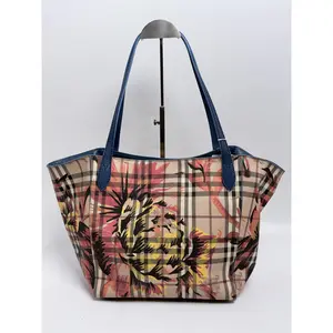 Pre-owned BURBERRY Canvas Tote Bags Haymarket Check Floral Print Canterbury Tote Bag Shoulder Handbag Blue SH407BR