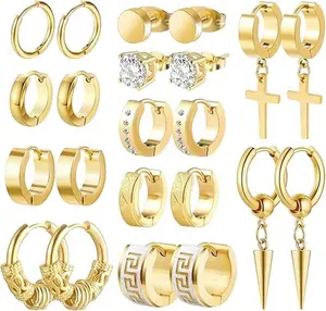 Funtopia 11 Pairs Stainless Steel Men  Earrings Small Hoop Earrings Cross Dangle Earrings Set, Fashion Huggie Earrings Piercing Jewelry for Party Birthday Sleeper Earrings Jewellery accessories men earring stack