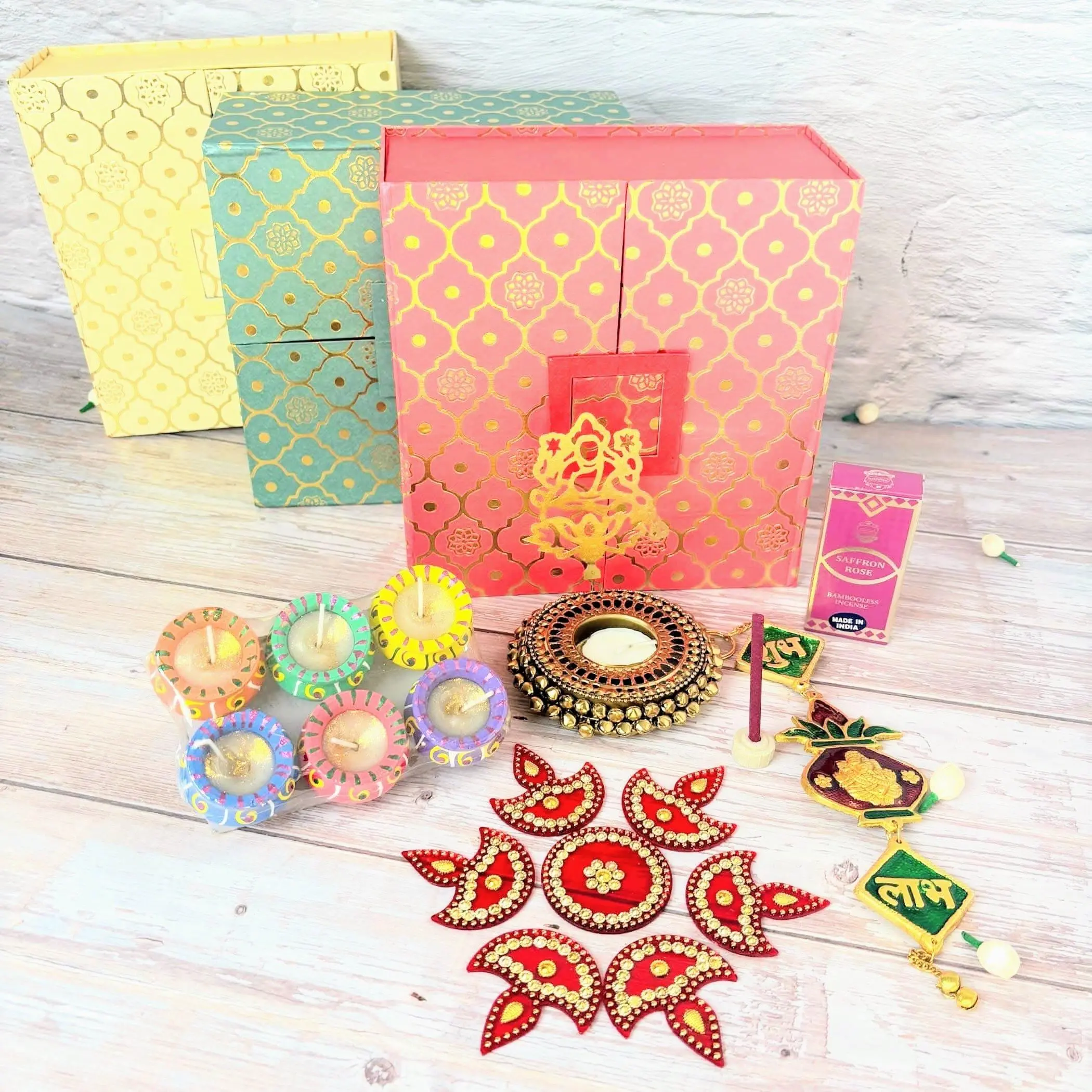 Diwali Delight Gift Hamper | Luxurious Festival Gable Box with Clay Diya, Laxmi Candle Holder, Rangoli, Shubh Labh Hanging | Cherished Return Gifts