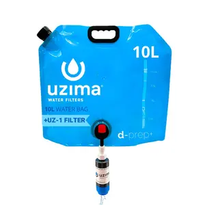 Uzima D-Prep Plus 10L Collapsible Gravity Water Storage Container with UZ-1 Water Filter for Safe Drinking - Portable Survival Camping Bladder